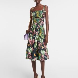 Oscar de la Renta Navy Floral and Green Leaf Midi Dress